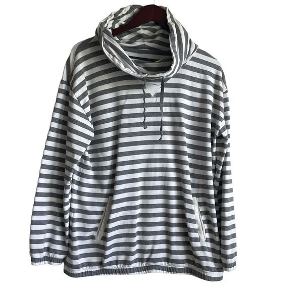 LZC‎ Sportswear Women Sweatshirt M Gray Striped Tunic Funnel Neck Coastal Preppy - Picture 1 of 9